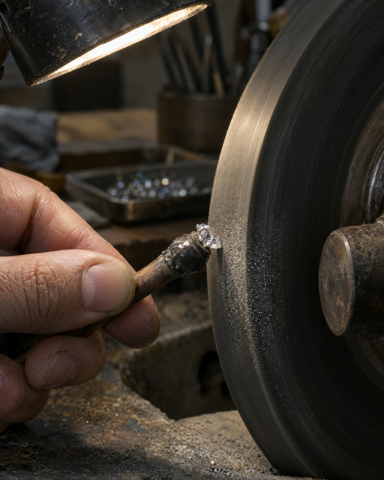 A cutting wheel with a diamond on its dop under bright light.
