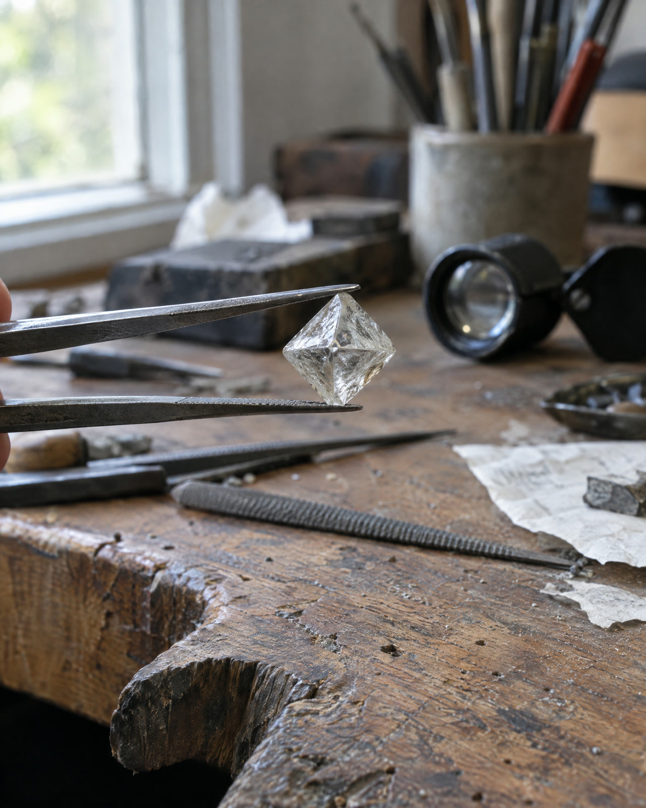 An uncut diamond crystal held in steel tweezers over a workbench.