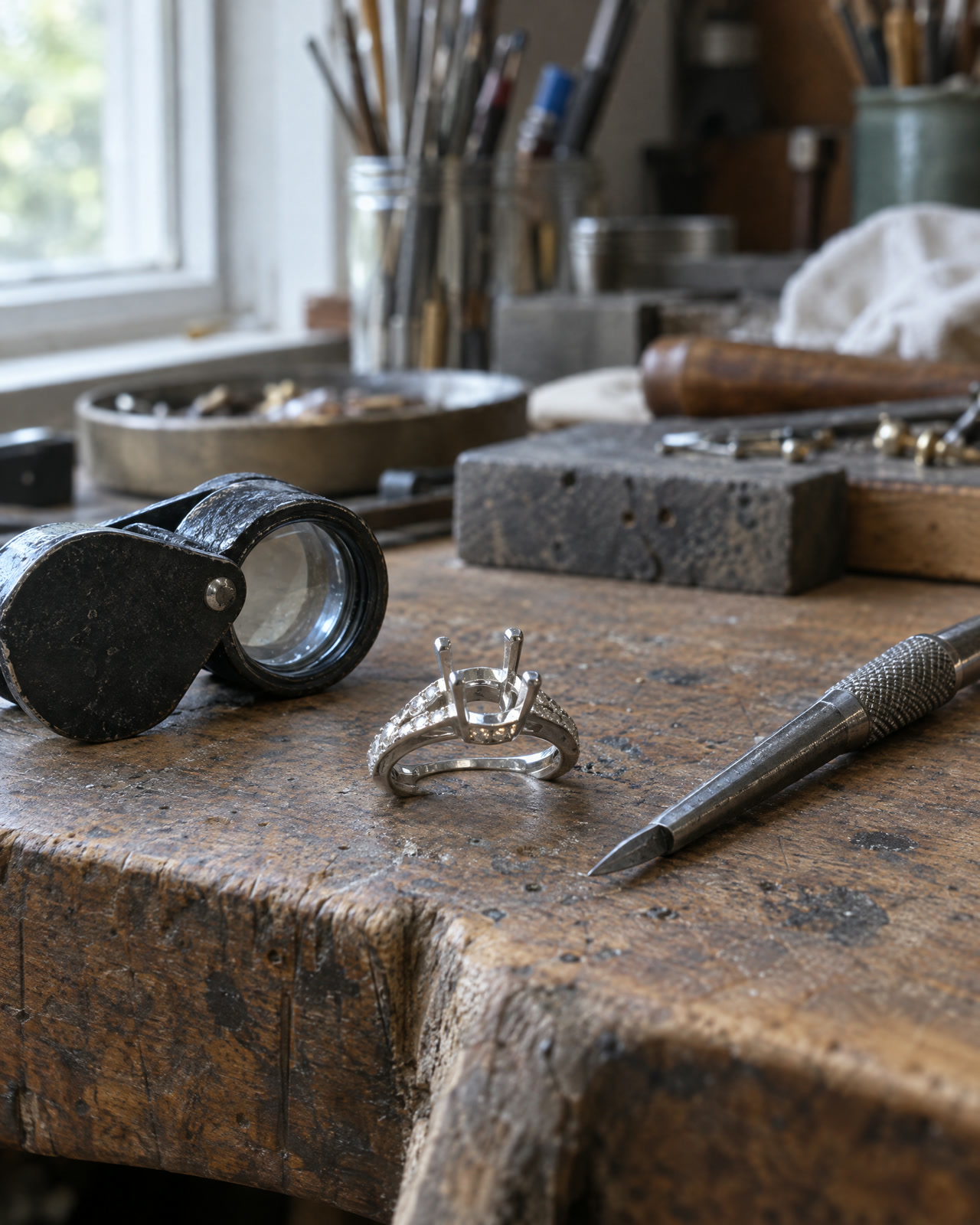A loupe and a graver beside a part-set platinum head on a workbench.