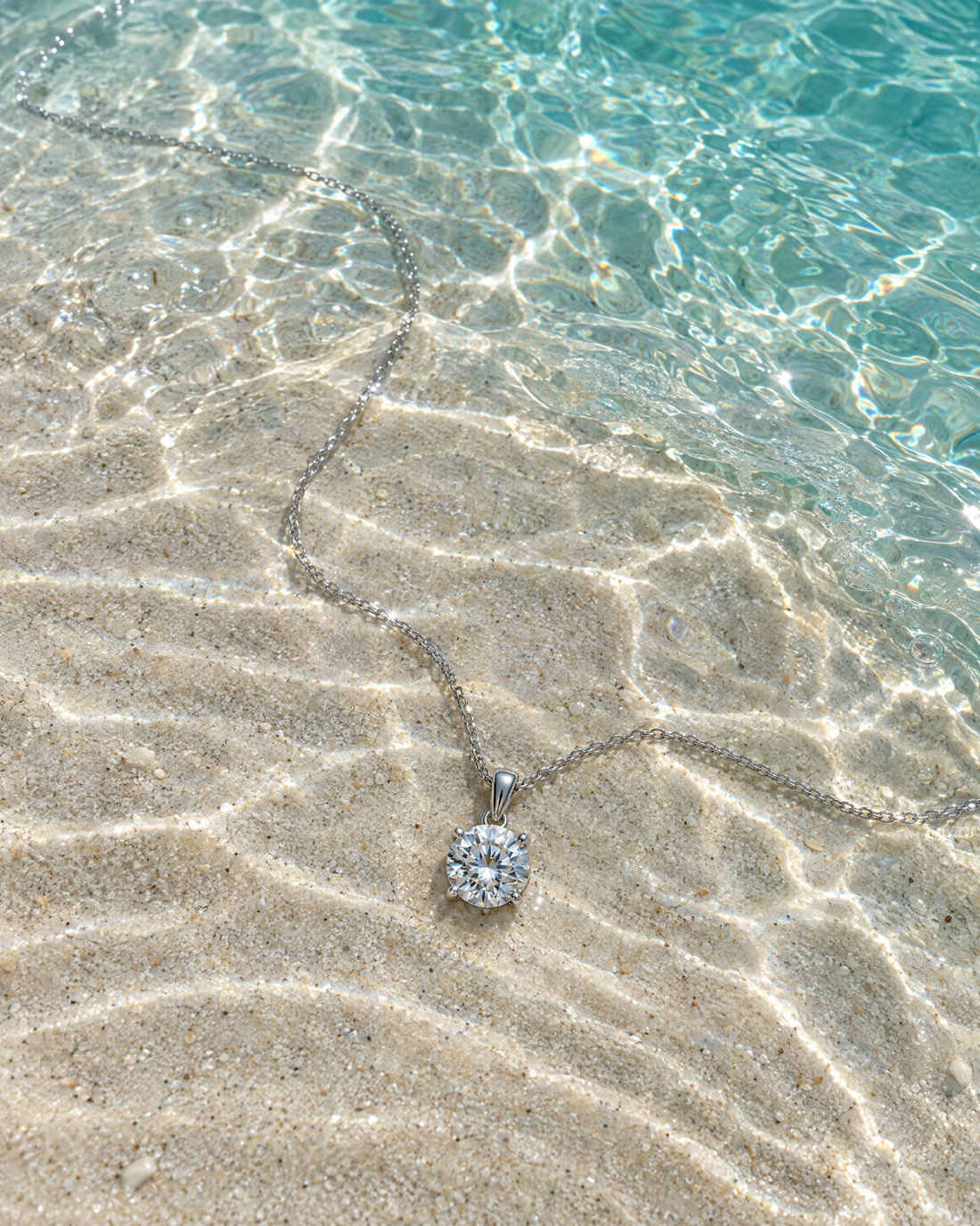 The Culet Pendant, a platinum pendant on a fine chain with one brilliant.