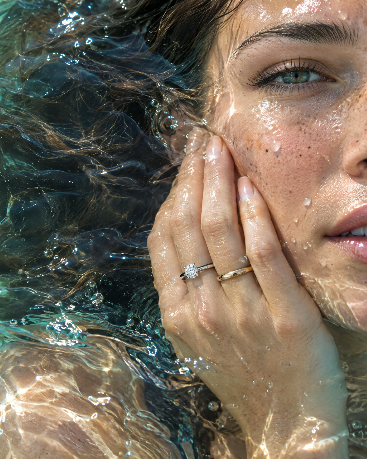 The Meridian Solitaire and the Ordinate Band worn on a hand at the water's surface.